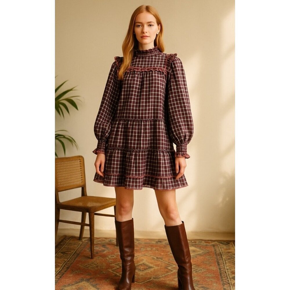 Ulla Johnson Elm Plaid Ruffle Mini Dress Size 8 Burgundy Check Long Sleeve